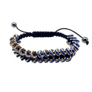 Artisan Chainmail Macrame Bracelet, Blac,  Blue Rhinestones, Boho Hippie, Gift